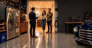 Real estate agent showing garage features to home buyers including epoxy floor EV charger and built-in storage