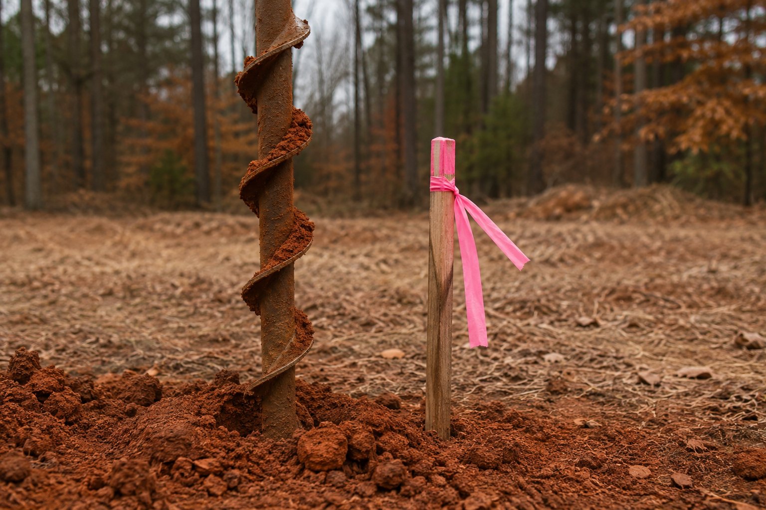 Soil auger and survey stake in red Virginia clay