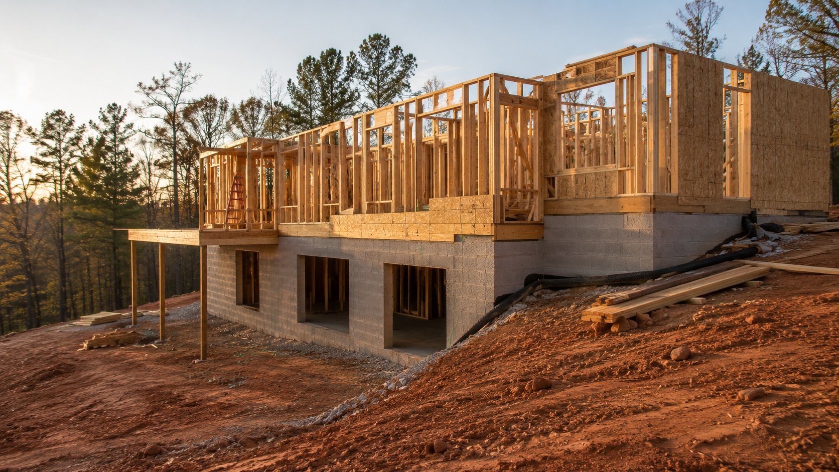 House under construction on a sloped lot showing walk-out basement level