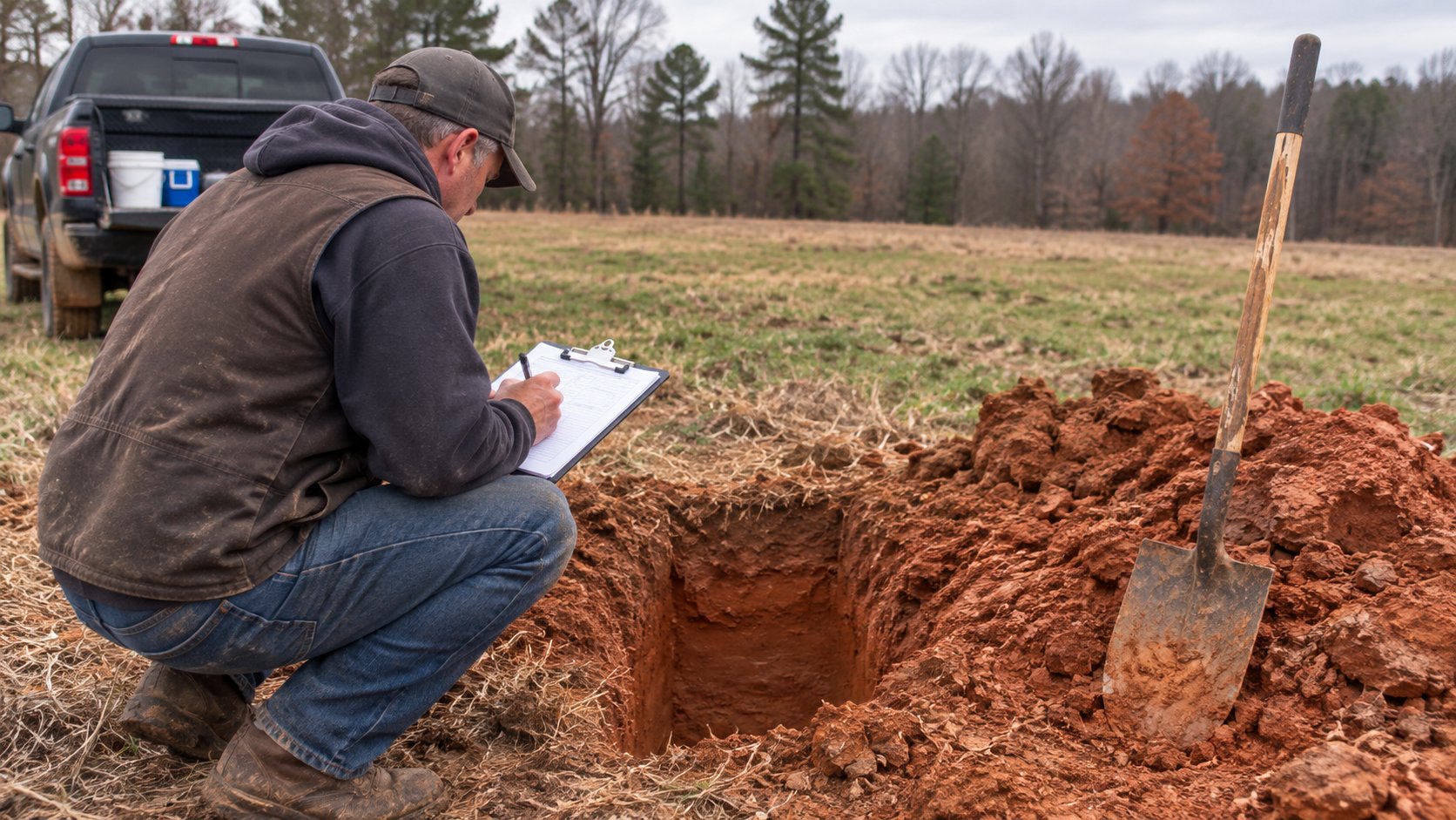 Soil scientist recording a percolation test at a hand-dug test pit