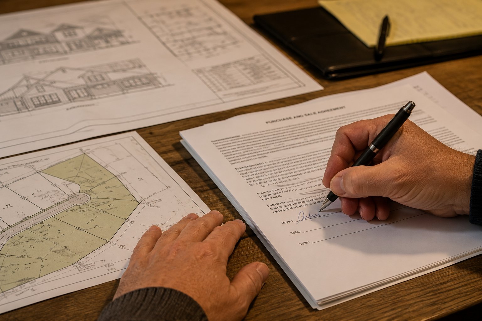 Hand signing a purchase agreement beside house plans and a plat map