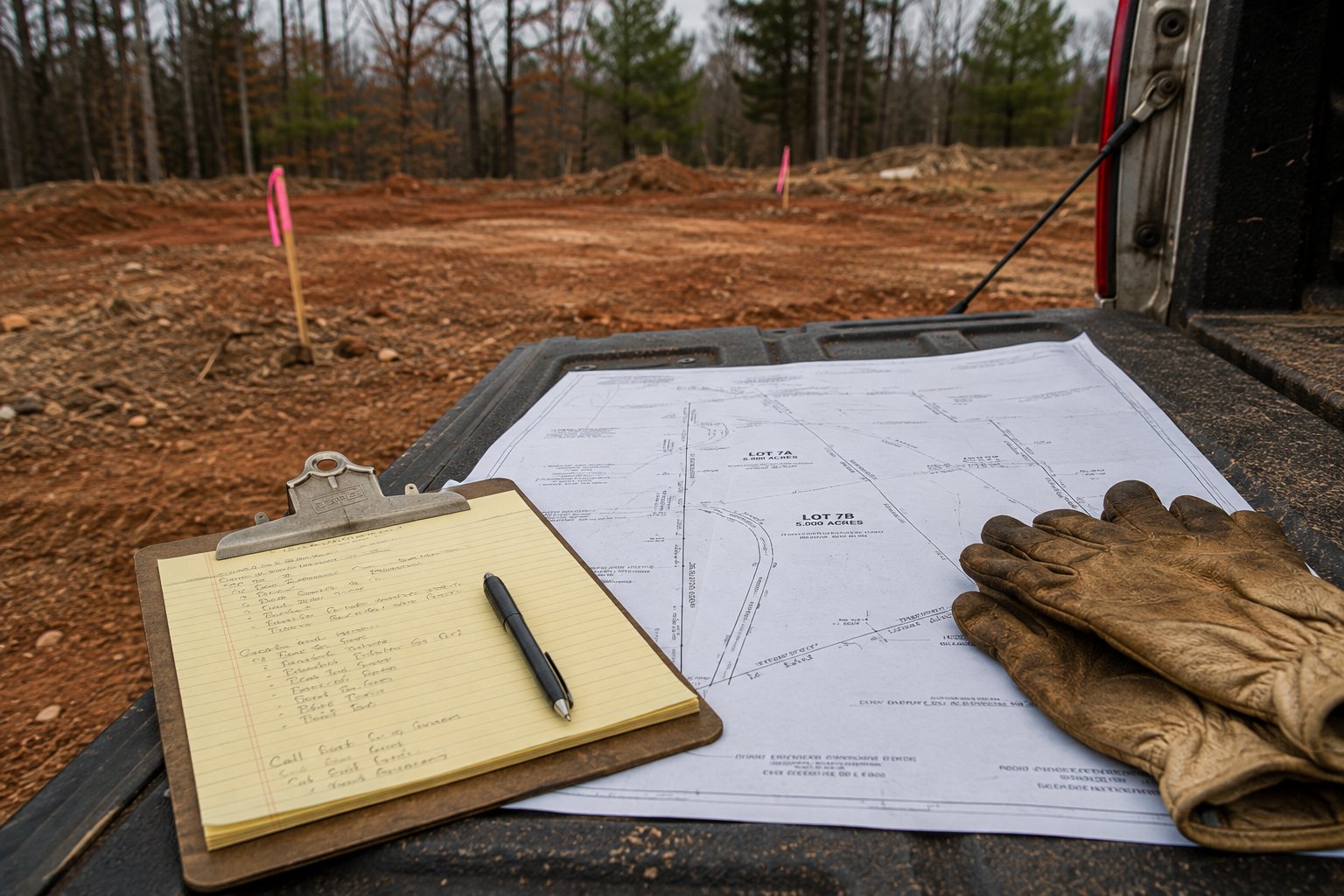 Notepad and survey plat on a truck tailgate at the edge of a lot