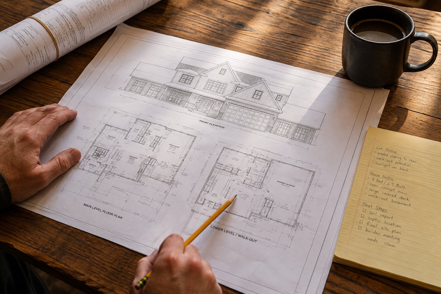 Hand marking up house plans on a wood table with coffee and notes nearby