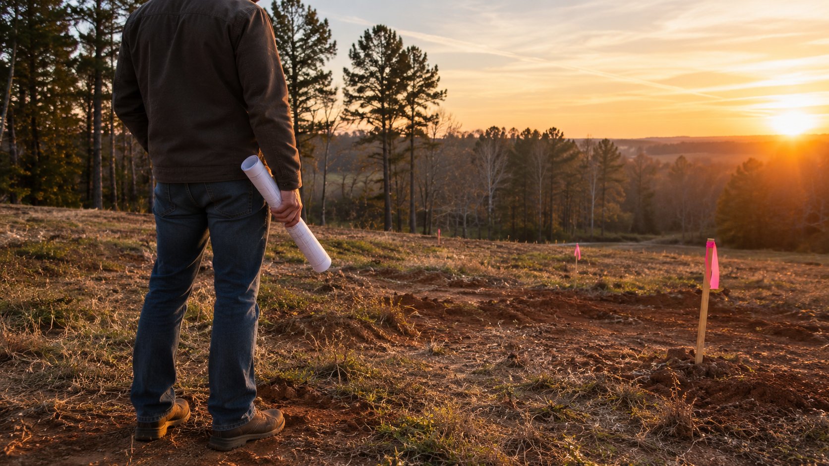 Person standing at the edge of an open lot at golden hour holding rolled house plans